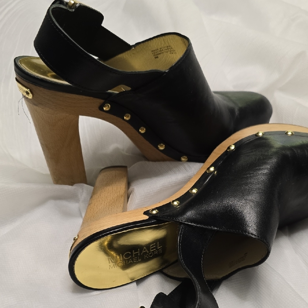 Michael Kors Black Leather Mules with Gold Accents